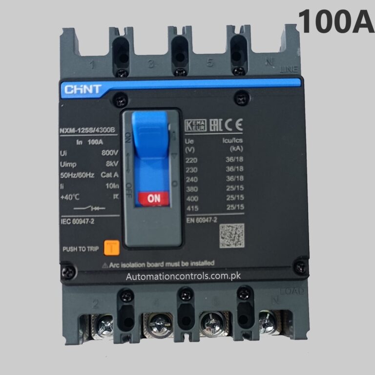 Reliable Chint NXM-125S 4P 100A MCCB featuring 800V insulation voltage, thermal-magnetic overload protection & standard breaking capacity.